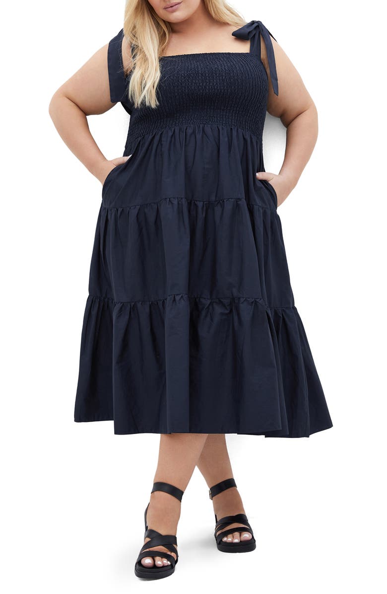 City Chic Haven Tiered Cotton Sundress, Main, color, French Navy