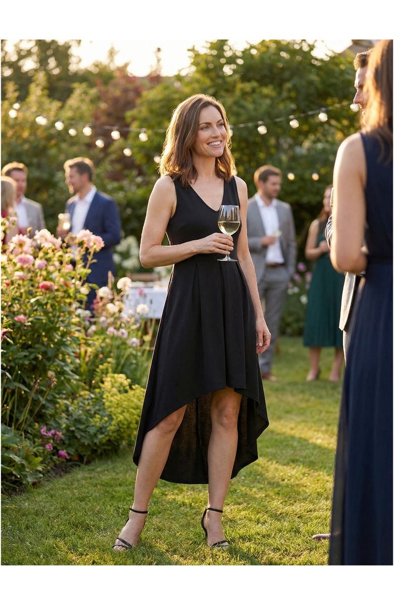 24seven Comfort Apparel Elevate Petite Sleeveless V-Neck Pleated Fit N Flare Pocket Midi Dress, Alternate, color, Black