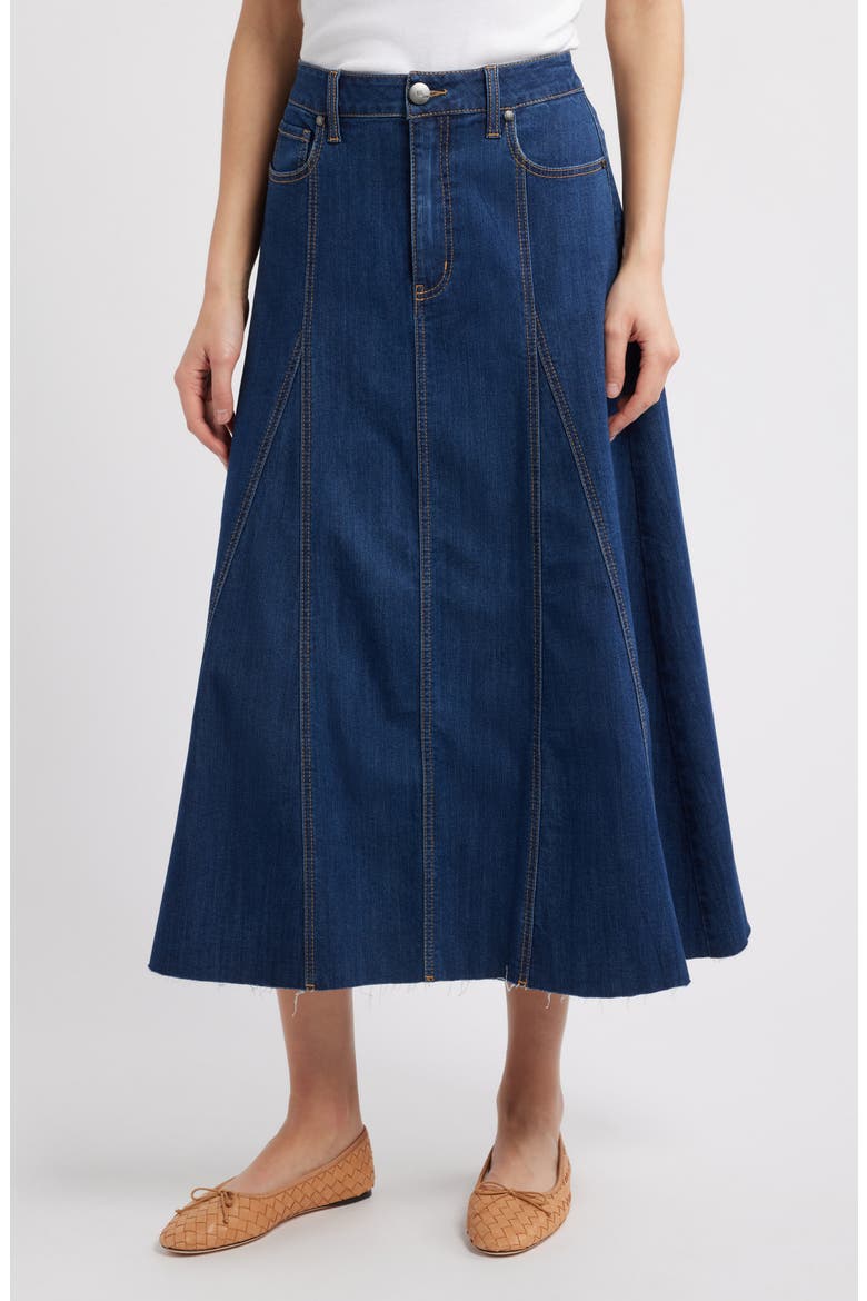 Raw Hem Denim A-Line Midi Skirt, Main, color, QUINLIN