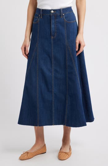 1822 Denim Raw Hem Denim A-Line Midi Skirt | Nordstrom