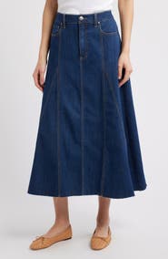 1822 Denim Raw Hem Denim A-Line Midi Skirt