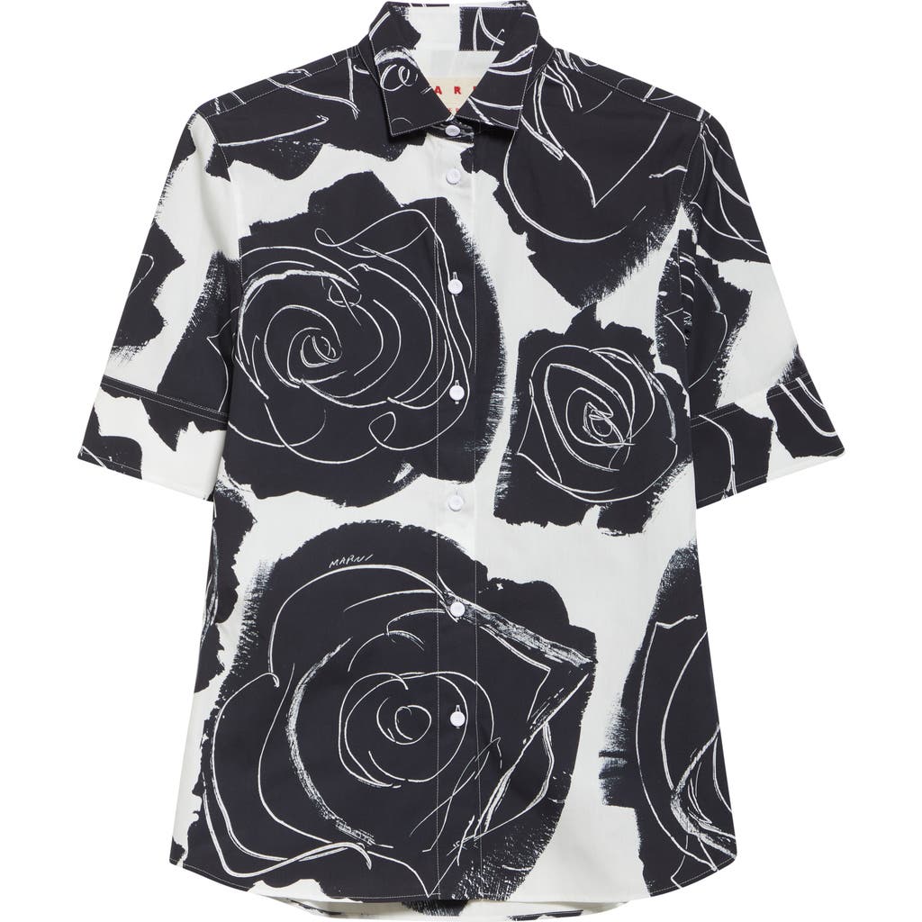 Marni White Poplin Short-sleeve Shirt With Cybele Print In Lily/white