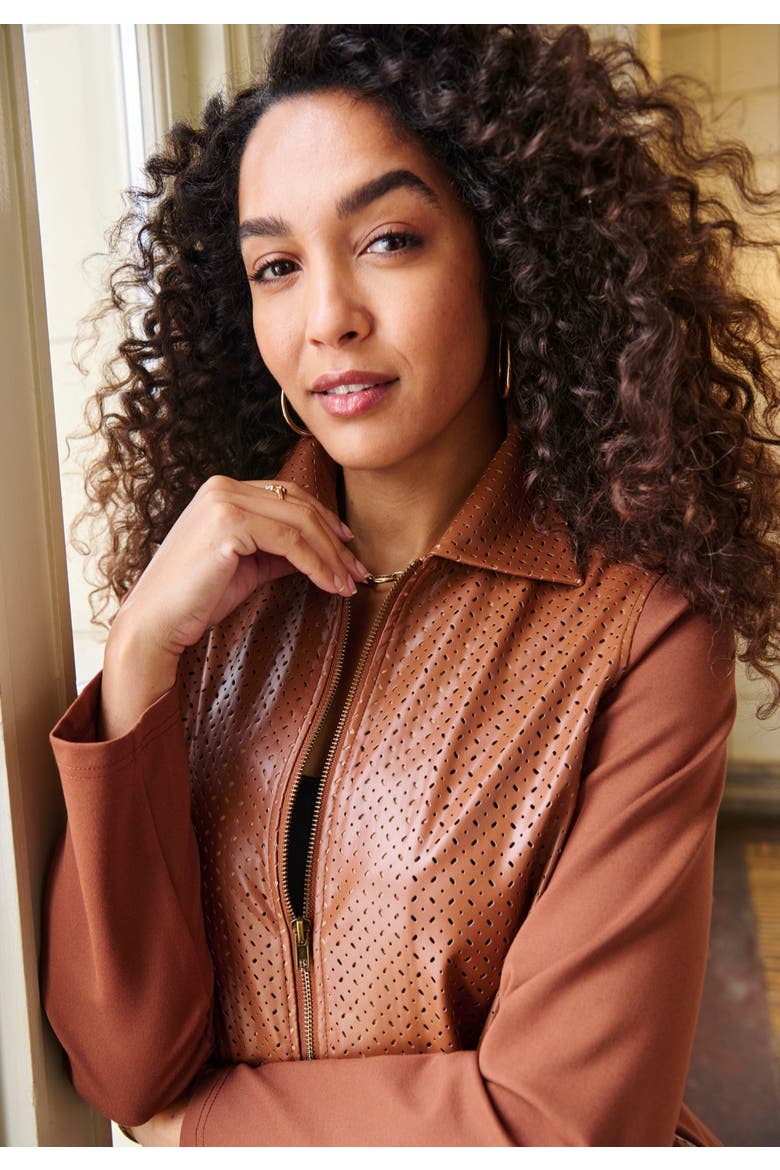 Perforated Faux Leather Zip Front Jacket, Alternate, color, COGNAC