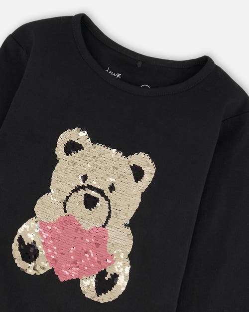 Deux Par Deux Organic Cotton T-shirt With Reversible Sequin Teddy Bear In Black