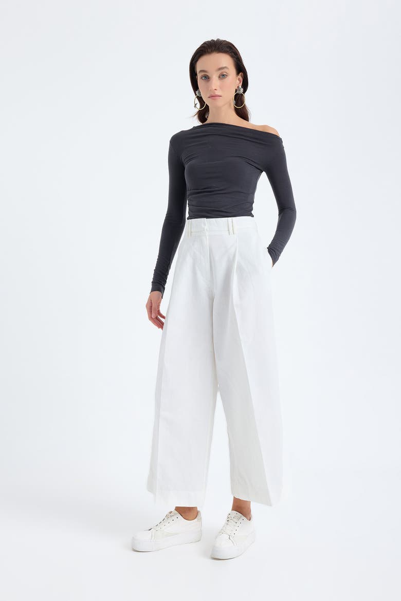 Cyra High-Waist Cotton Linen Blend Cropped Wide-Leg Trousers, Main, color, White