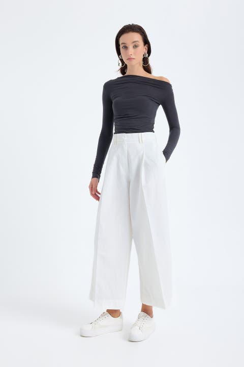 Cyra Cotton Linen Blend Cropped Wide Leg Trousers