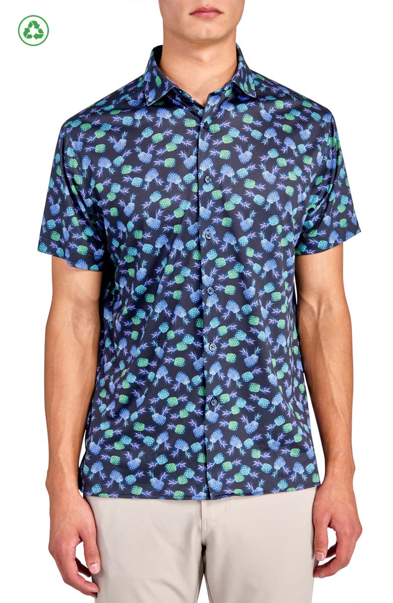 CONSTRUCT Regular Fit Pineapple Print Recycled Performance Golf Button-Down Shirt, Main, color, Navy