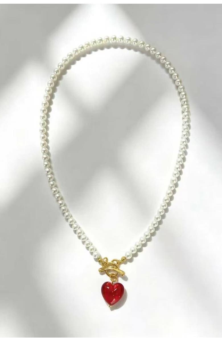 Classicharms Valentina Murano Glass Heart Pendant Pearl Necklace, Main, color, Red
