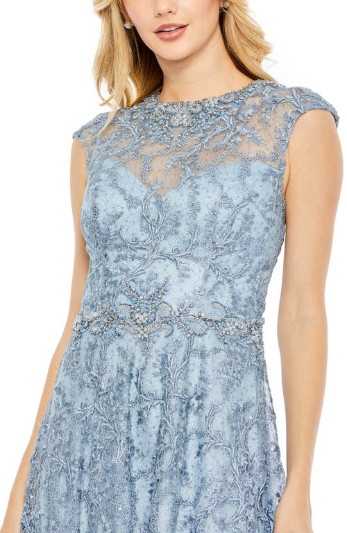 Mac Duggal Embroidered Cap Sleeve A Line Gown In Slate Blue