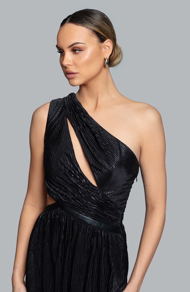 Ghrail Chelsea Cutout One-Shoulder Metallic Gown with Faux Leather Trim, Alternate, color, Black