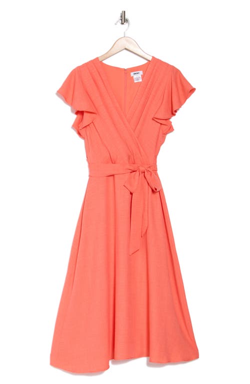 Shop Dkny Flutter Sleeve Tie Waist Midi Dress In Orange Rose