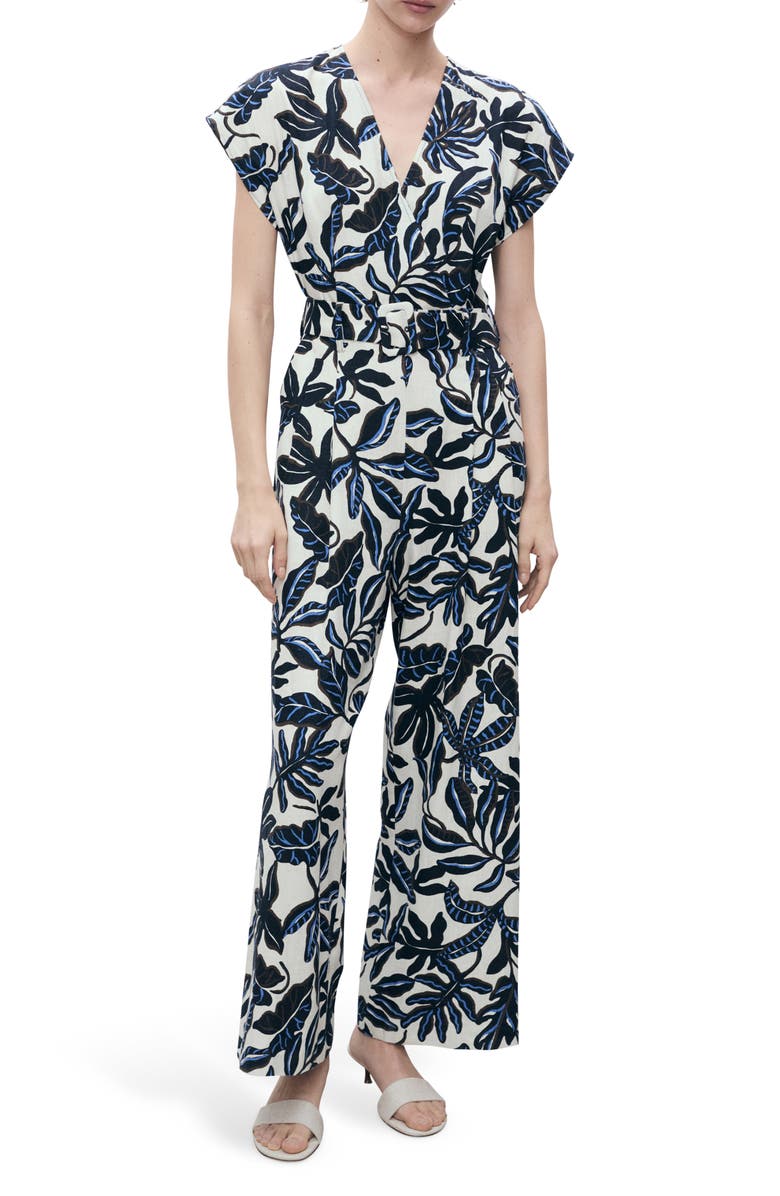 MANGO Print Wide Leg Linen Blend Jumpsuit, Main, color, Blue