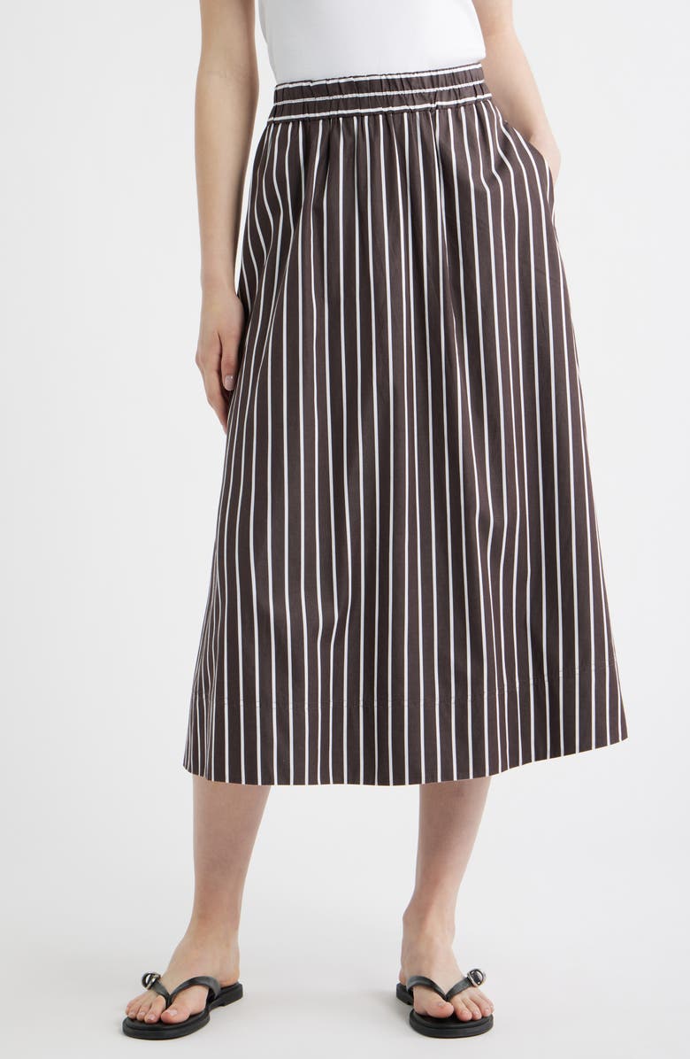 Madewell Stripe Cotton Poplin A-Line Midi Skirt, Main, color, Chocolate Plum
