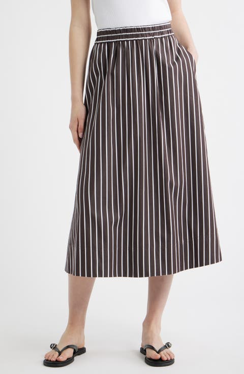 Stripe Cotton Poplin A-Line Midi Skirt