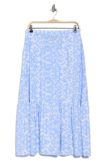 Ellen Tracy Tiered Pull-on Midi Skirt In Baby Blue Damask