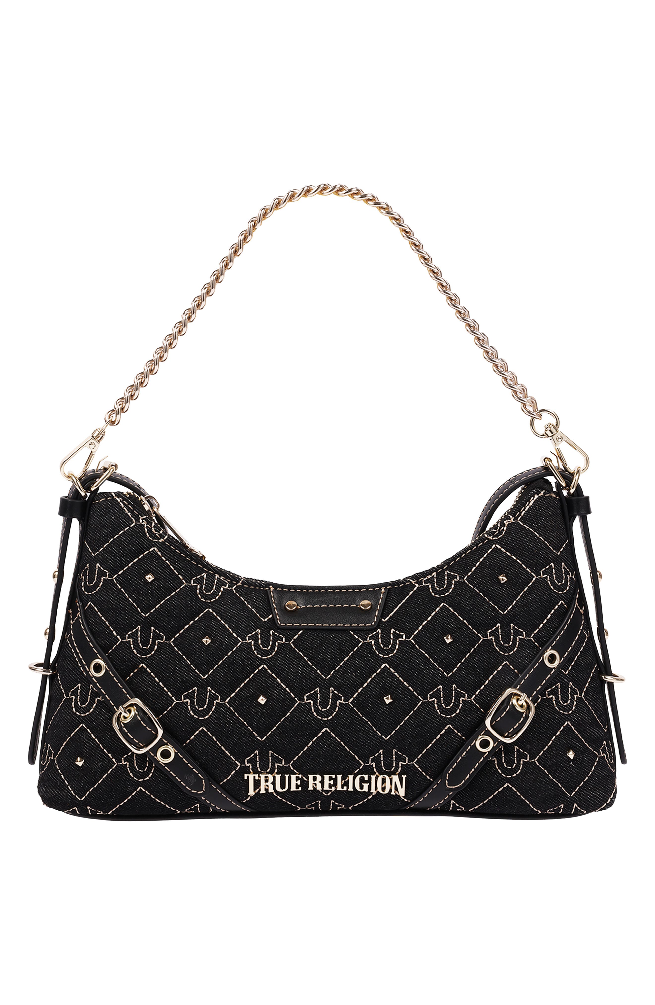 Studded Denim Shoulder Bag, Alternate, color, BLACK