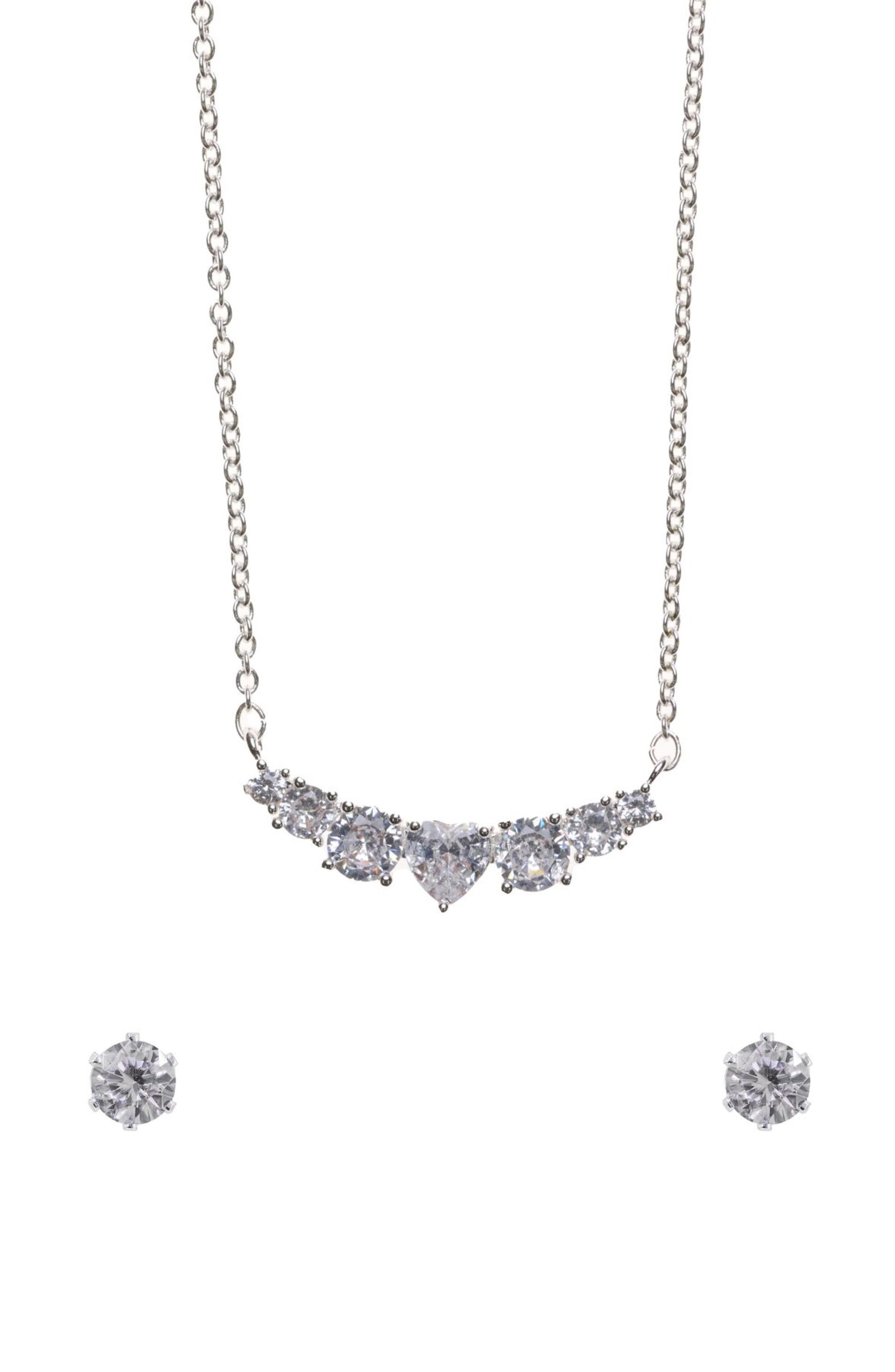 Cubic Zirconia Heart Pendant Necklace & Stud Earrings Set