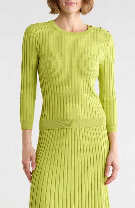 KAY UNGER SPORTSWEAR Button Shoulder Rib Knit Sweater