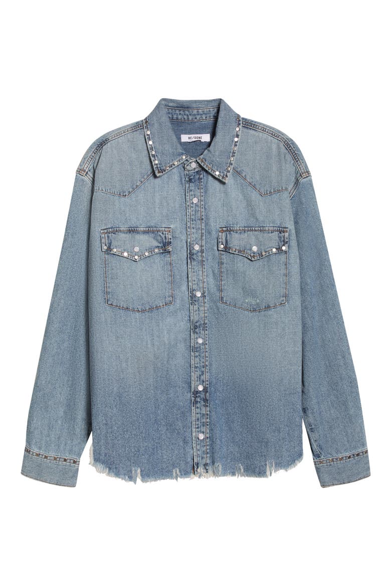 Distressed Western Stud Denim Shirt, Alternate, color, VINTAGE BIKER BLUE STUD