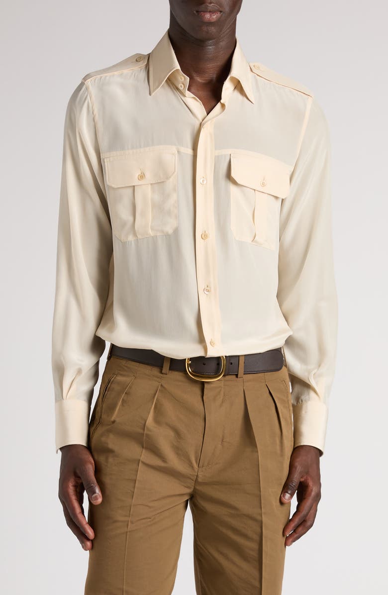 TOM FORD Silk Crêpe de Chine Military Shirt, Main, color, 