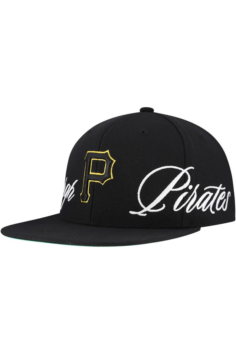 Men's Mitchell & Ness Black Pittsburgh Pirates Just Don x MLB Lux Script Snapback Hat, Main, color, Black