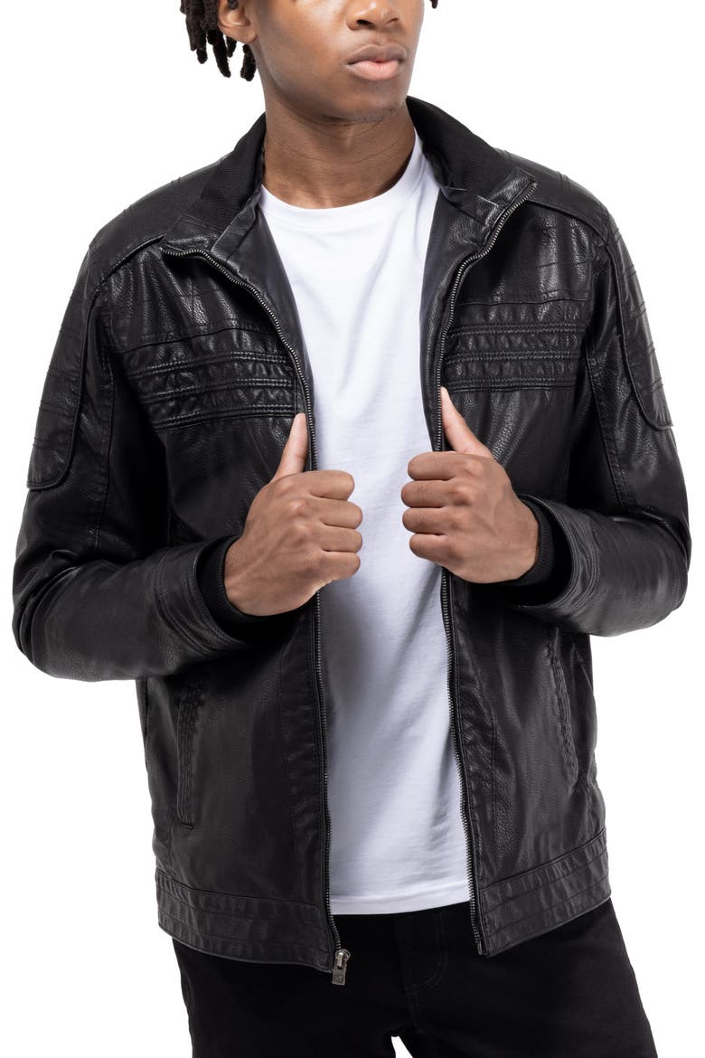 Faux Leather Hooded Moto Jacket with Faux Fur Lining, Alternate, color, BLACK