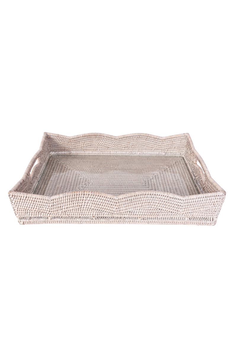 Artifacts Rattan Scallop Rectangular Tray With Glass Insert, Alternate, color, White Wash