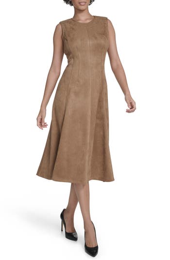 Calvin Klein Faux Suede Midi A-line Dress In Brown