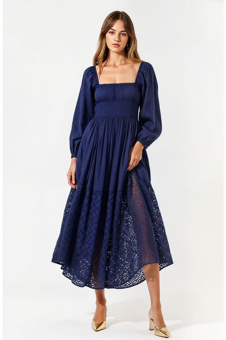 Square-Neck Smocked Midi Dress with Long Sleeves and Eyelet Hem, Alternate, color, Navy Blue