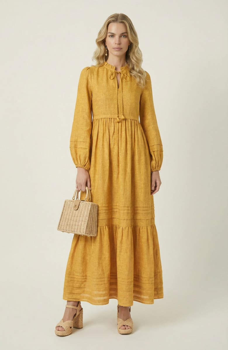 Modenaire Midi Shirred Neckline Tie Front Long Sleeve Tiered Hem Dress, Main, color, Mustard Yellow