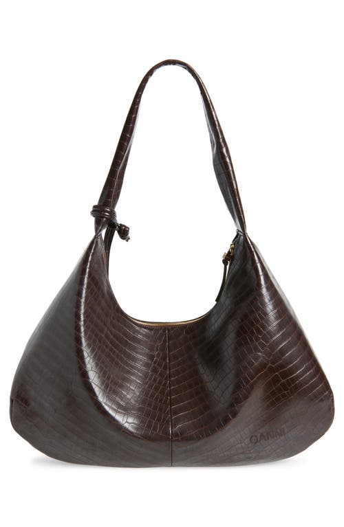 Ganni Xxl Bou Croc Embossed Hobo Bag In Brown
