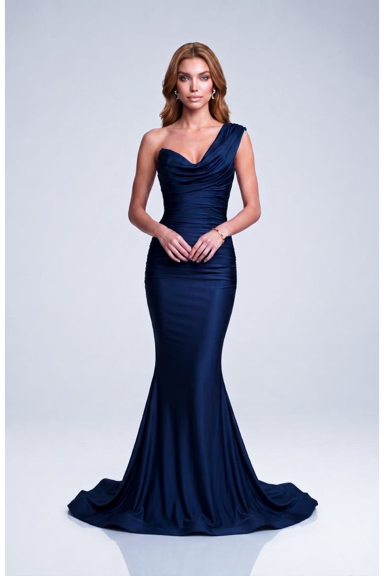 One-Shoulder Soft Draped Mermaid Gown, Alternate, color, Navy