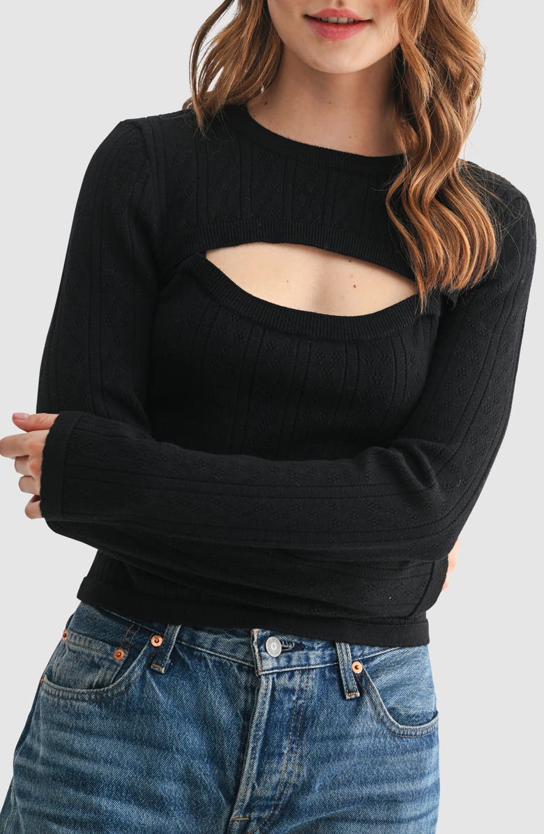 All in Favor Cutout Detail Pointelle Sweater, Alternate, color, Black