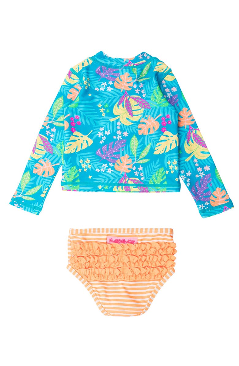 RuffleButts UPF50 Long Sleeve Zipper Rash Guard 2-Piece, Alternate, color, Neon Tiki Vibes