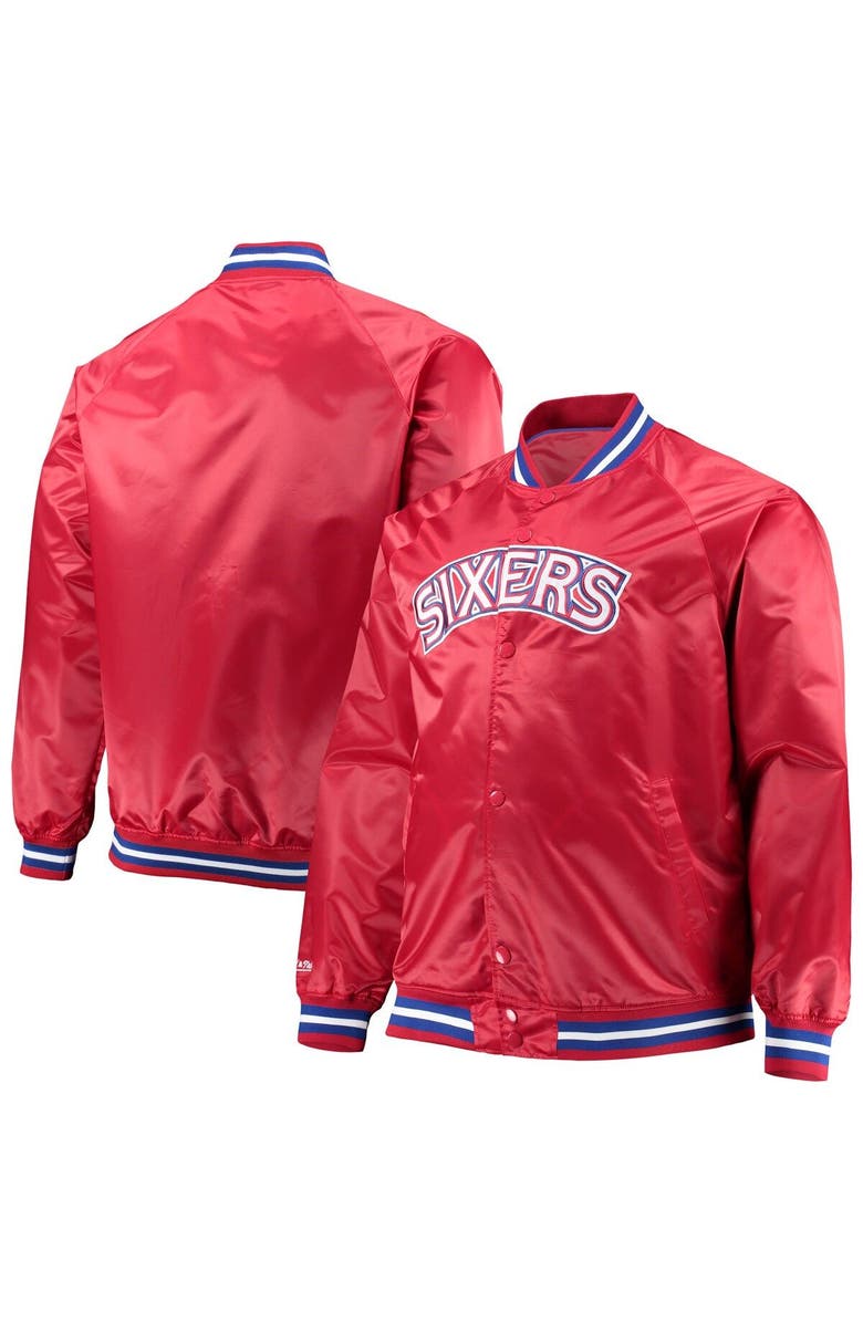 Mitchell & Ness Men's Mitchell & Ness Red Philadelphia 76ers Big & Tall Hardwood Classics Raglan Satin Full-Snap Jacket, Main, color,