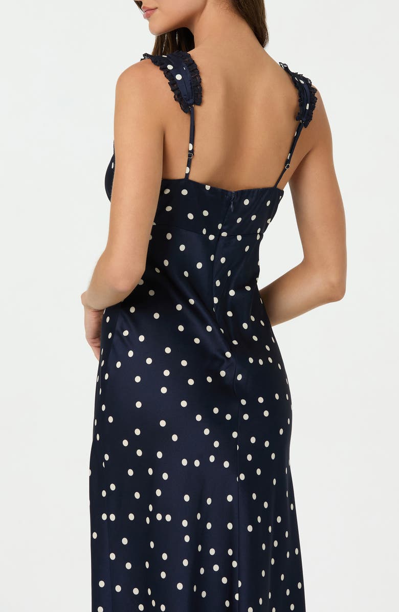 ASTR the Label Lace Trim Satin Slipdress, Alternate, color, Navy Polka Dot