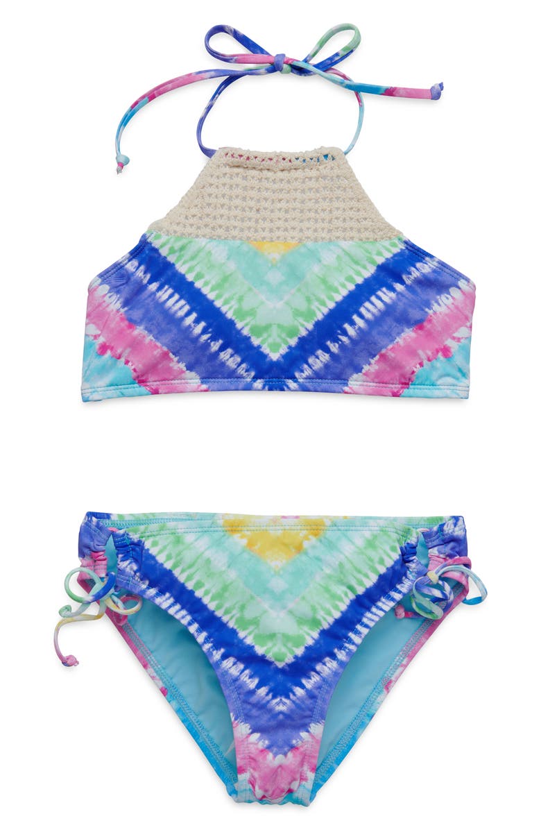 Hobie Kids' Crochet Trim High Neck Two-Piece Swimsuit, Main, color, 