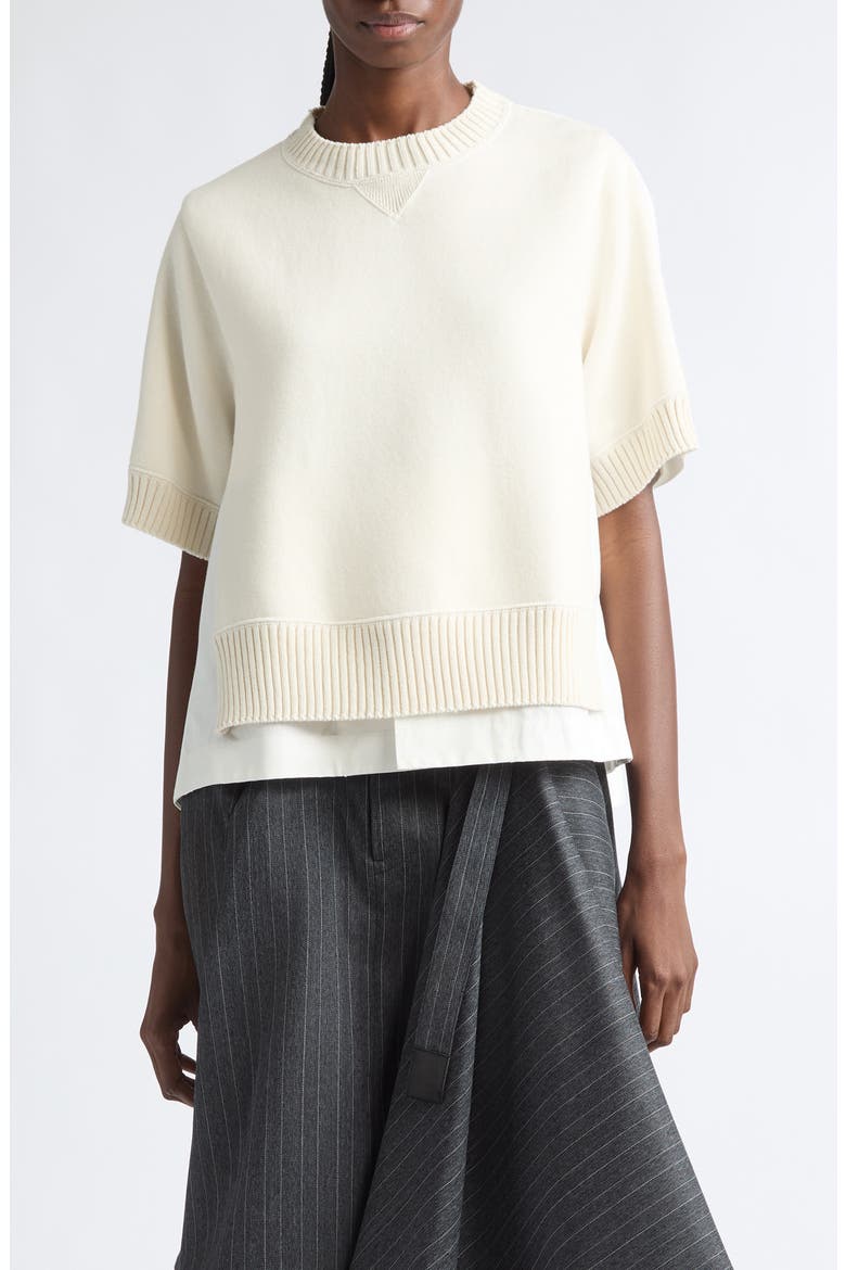 Mixed Media Short Sleeve Sweater, Main, color, OFF WHITE