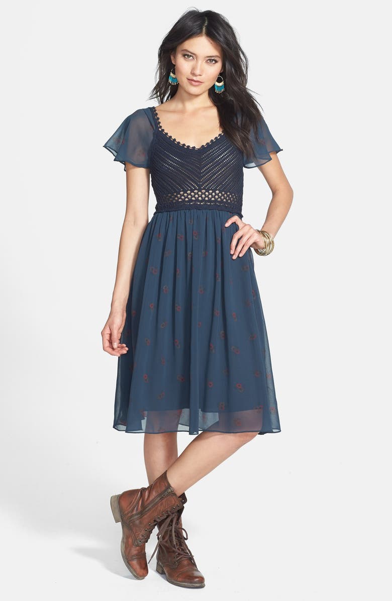 Free People 'Wildflowers' Crochet Bodice Floral Print Dress, Main, color, 