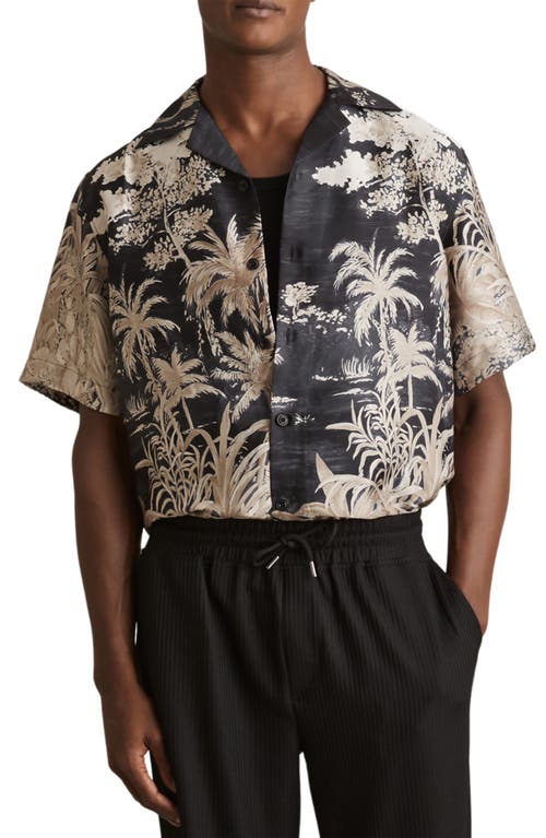 Reiss Black Jungle Print Cuban-collar Shirt In Black