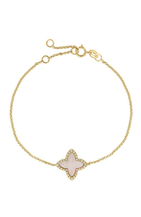 14K Yellow Gold Diamond,Mother of Pearl Clover Bracelet
