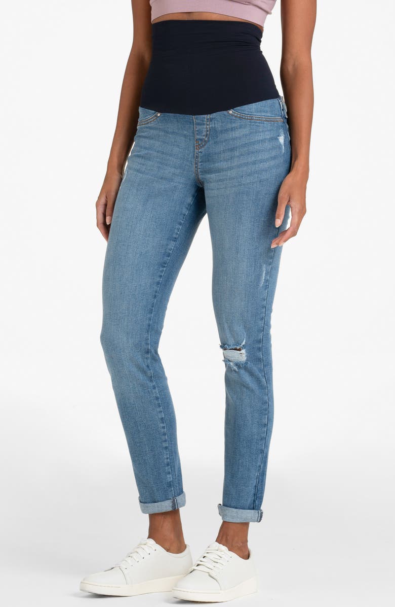 Seraphine Cuff Over the Bump Distressed Boyfriend Postpartum Jeans, Main, color, 