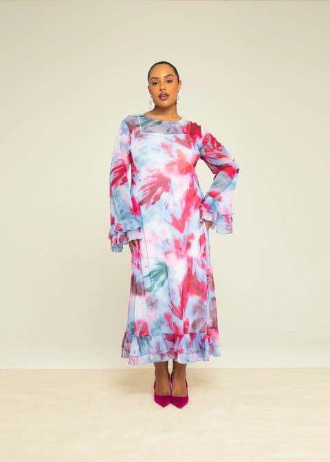 Blurred Floral Mesh Maxi Dress