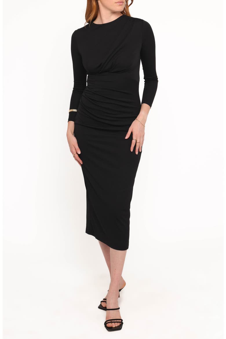 Rogan Ruched Long Sleeve Midi Dress, Main, color, BLACK