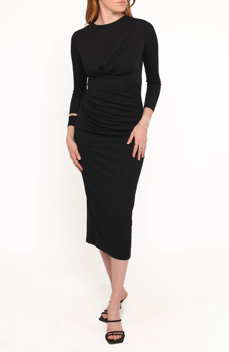 Petal & Pup Rogan Ruched Long Sleeve Midi Dress, Main, color, Black