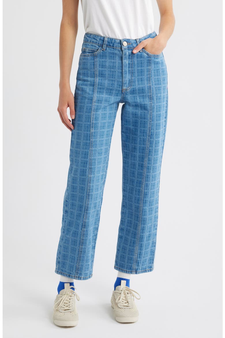 Tovie Laser Check Mid Rise Ankle Straight Leg Jeans, Main, color, BLUE