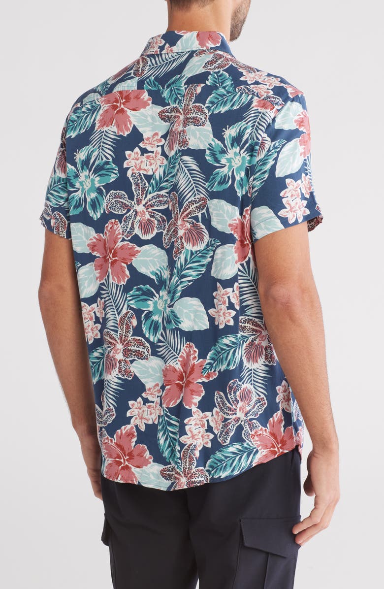 Original Penguin Floral Short Sleeve Button-Up Shirt, Alternate, color, Blue Wing Teal