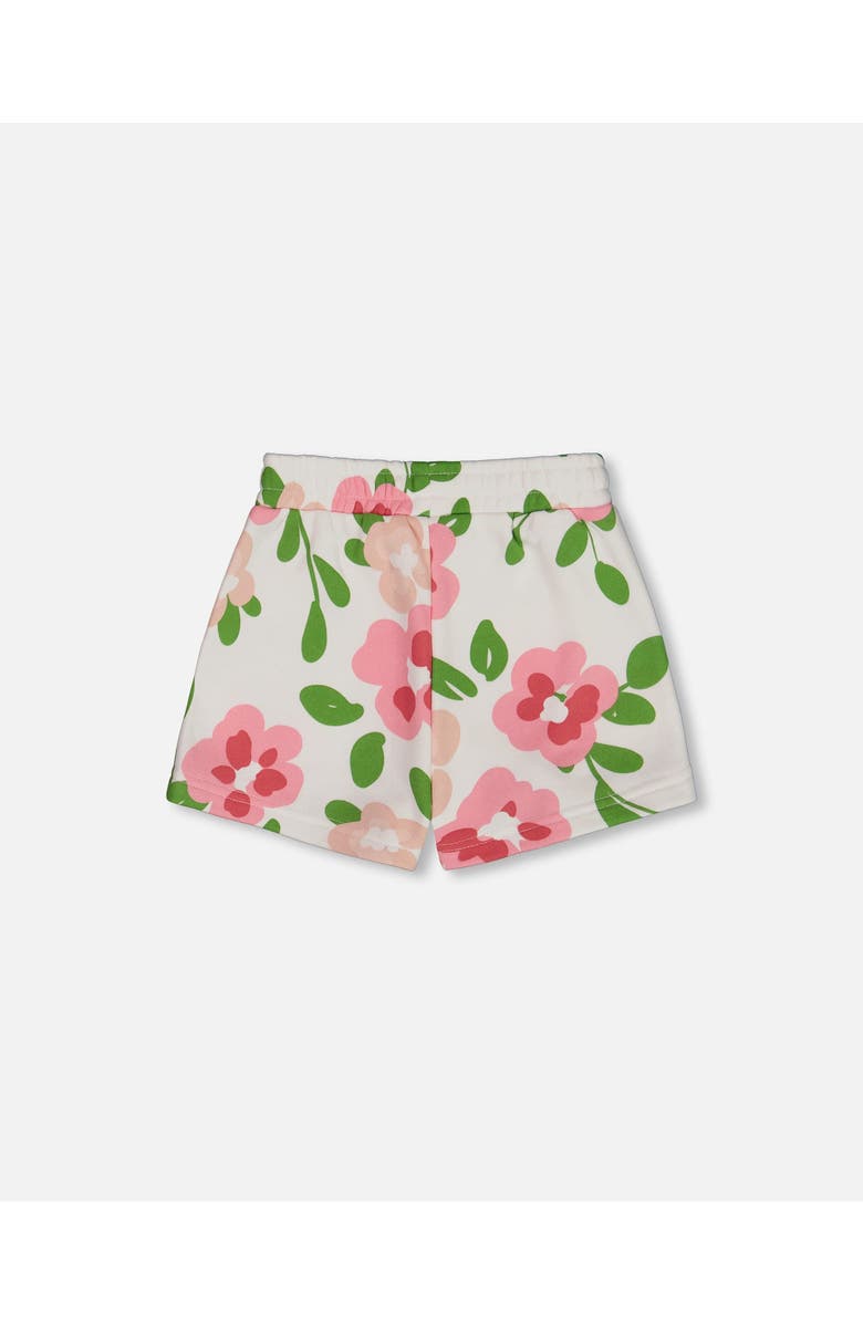 Deux par Deux Little Girl's Printed French Terry Short Pink Flowers On White Background, Alternate, color, 