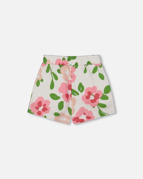 Deux Par Deux Girl's Printed French Terry Short Pink Flowers On White Background In Pink Flowers On White