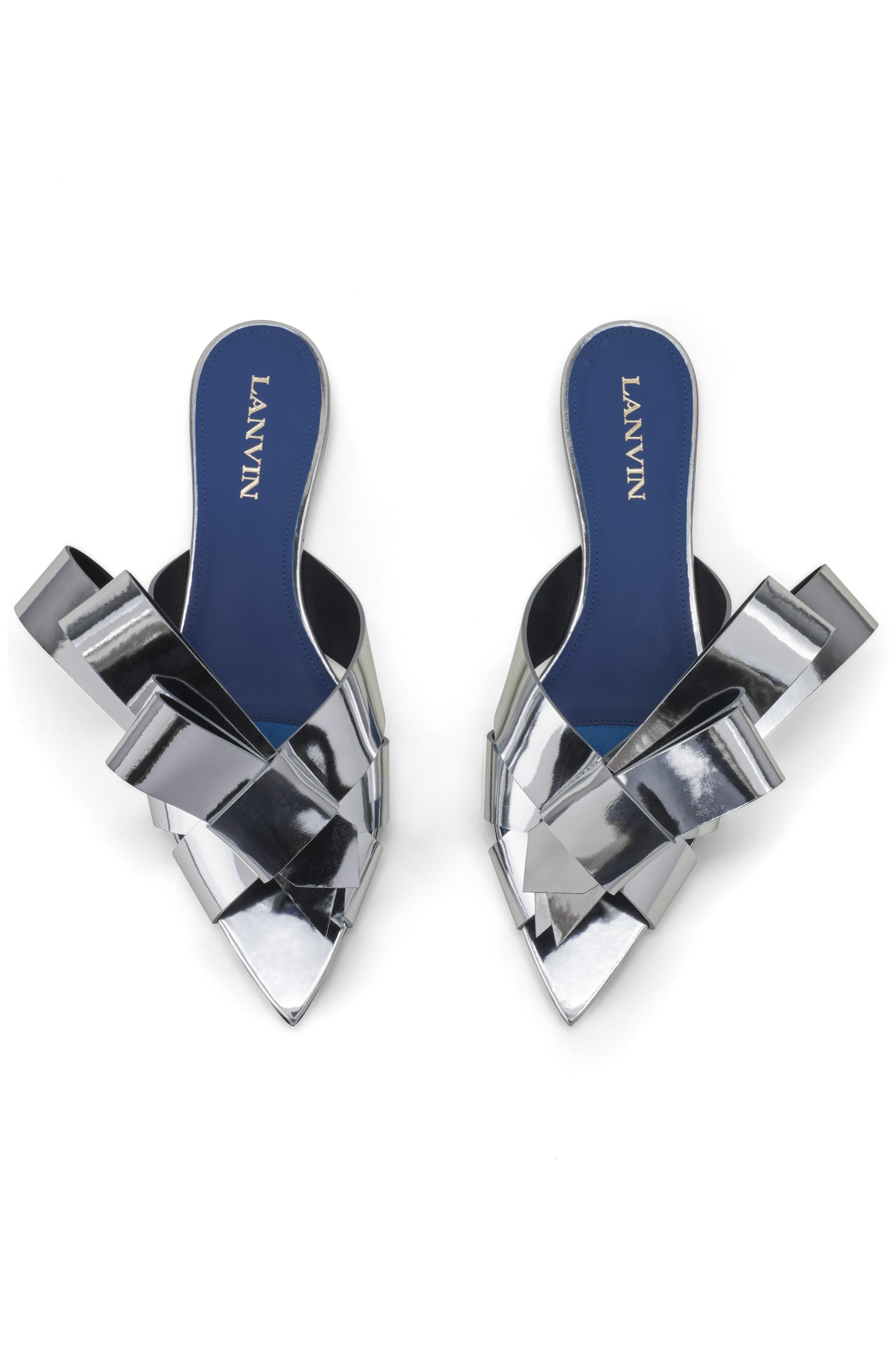 Lanvin Cadeau Mule Flats In Metallic Leather, Alternate, color, Silver